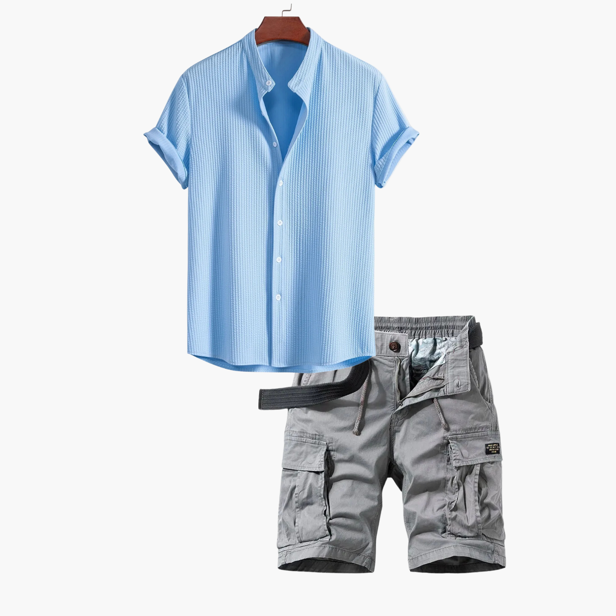 Ensemble homme chemise col mao cargo, coloris Bleu clair