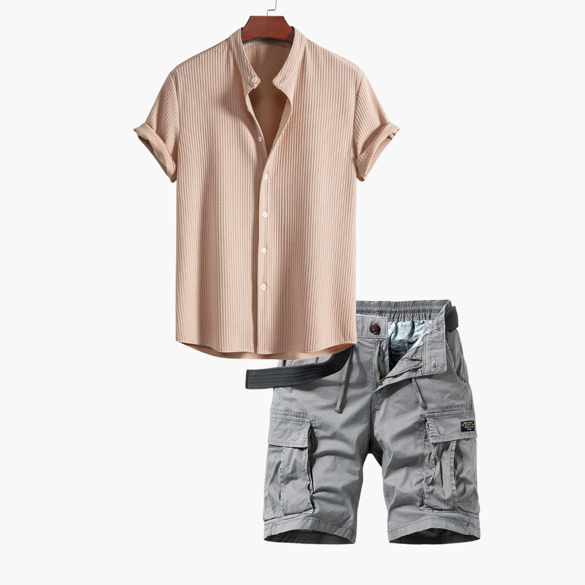Ensemble homme chemise col mao cargo, coloris Beige