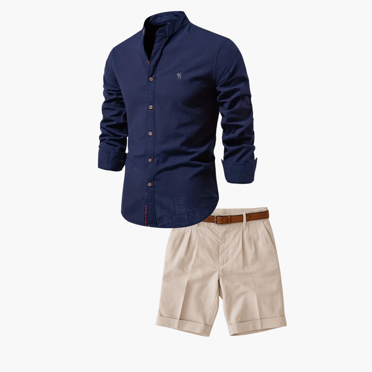 Ensemble homme chemise col mao et short, coloris Bleu marine