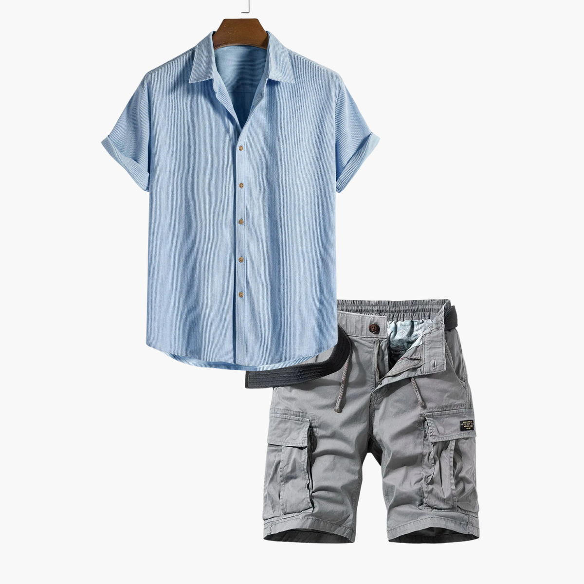 Ensemble homme chemise rayée cargo, coloris Bleu clair