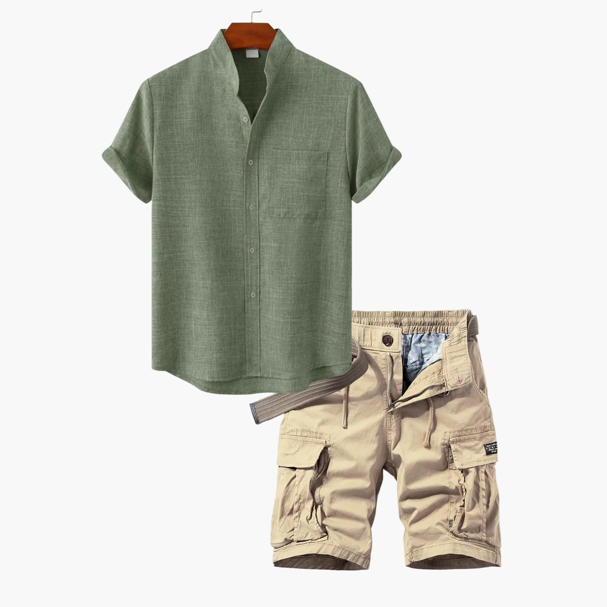 Ensemble homme col mao et short cargo, coloris Vert