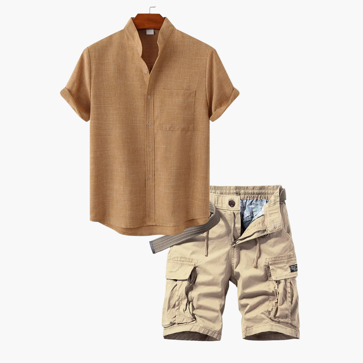 Ensemble homme col mao et short cargo, coloris Kaki
