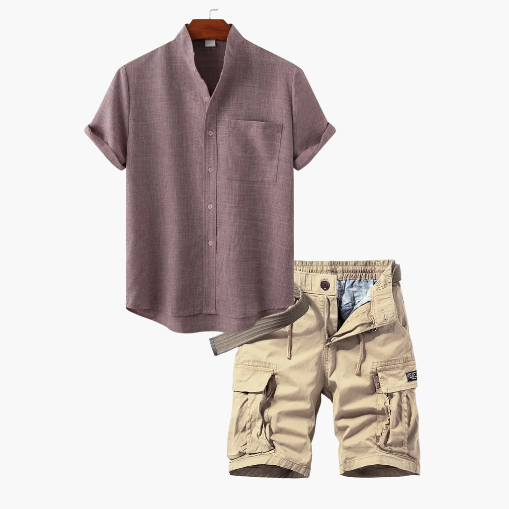 Ensemble homme col mao et short cargo, coloris Rouge