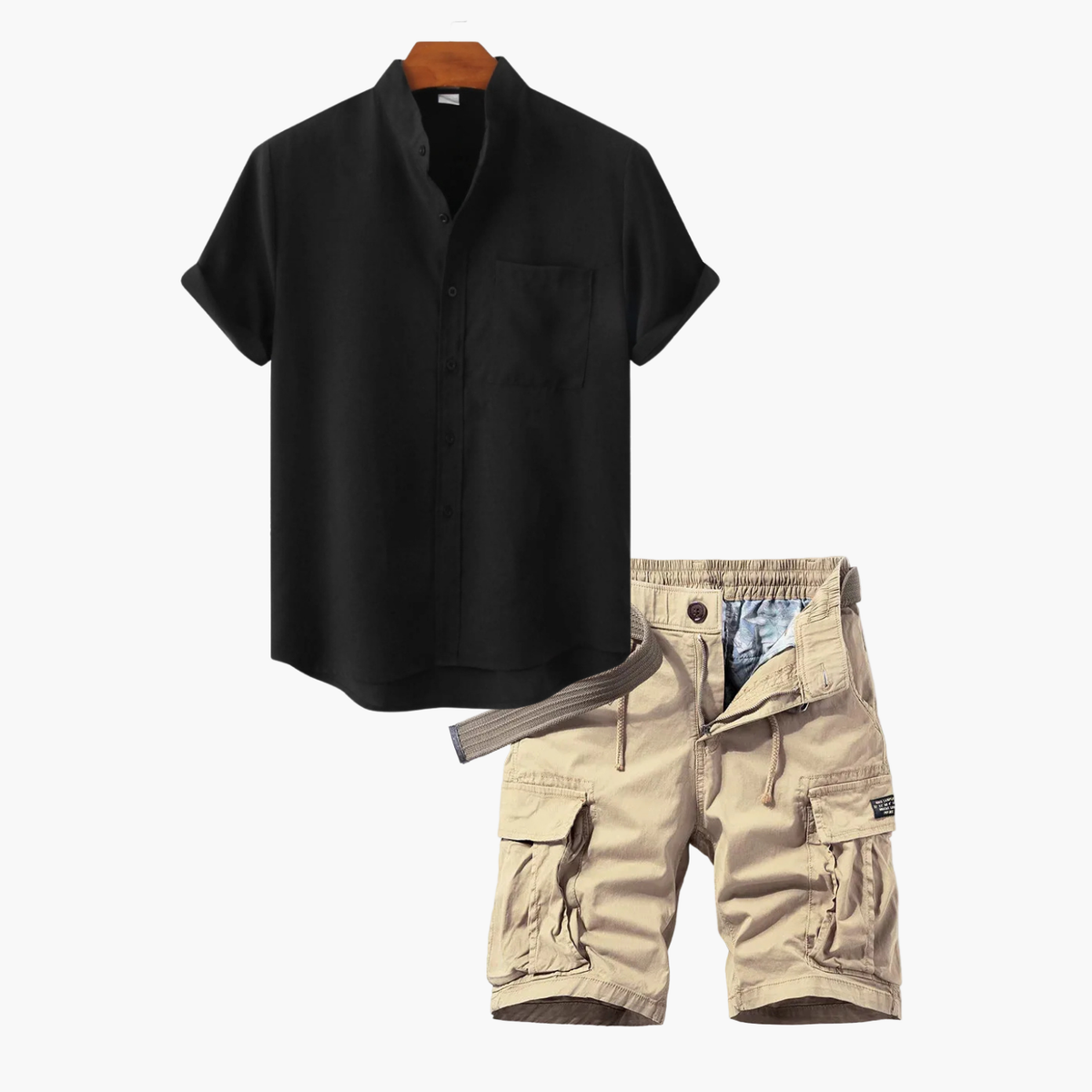 Ensemble homme col mao et short cargo, coloris Noir