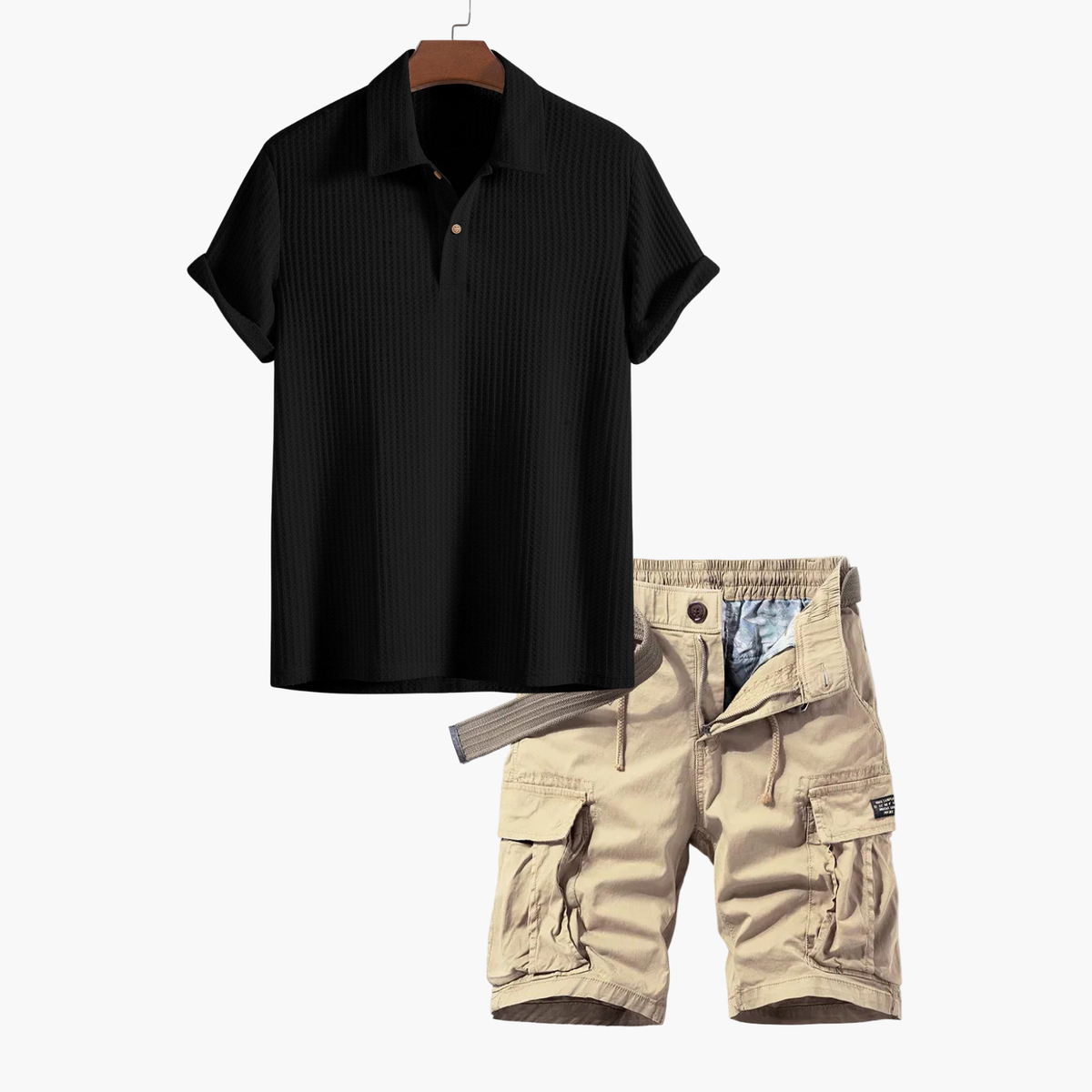 Ensemble homme polo texturé et cargo, coloris Noir
