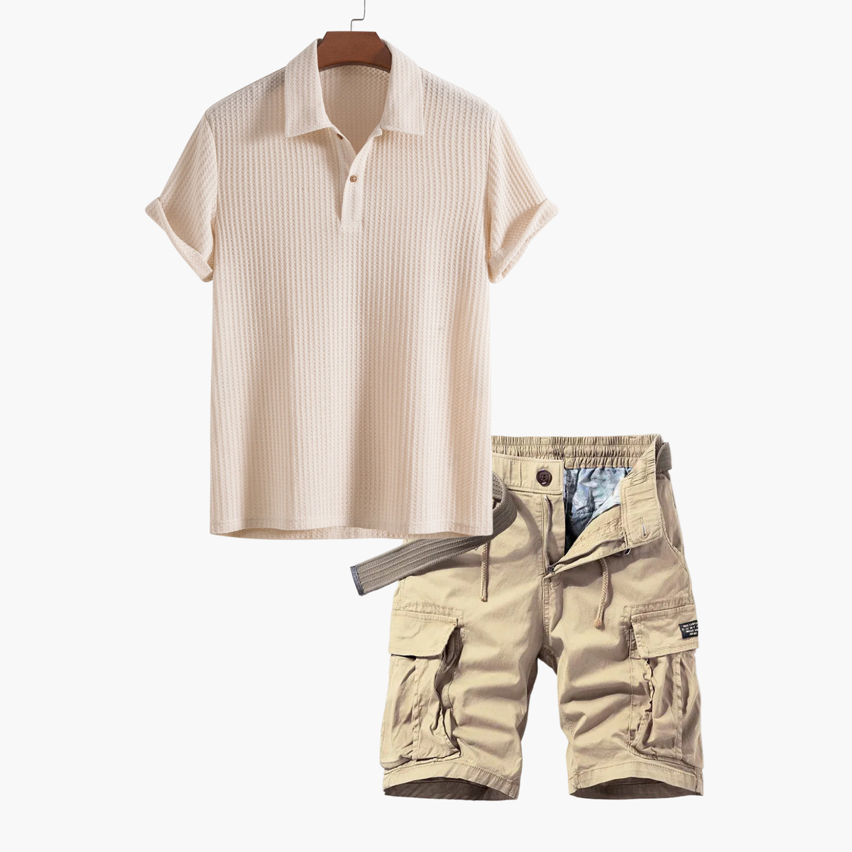 Ensemble homme polo texturé et cargo, coloris Beige