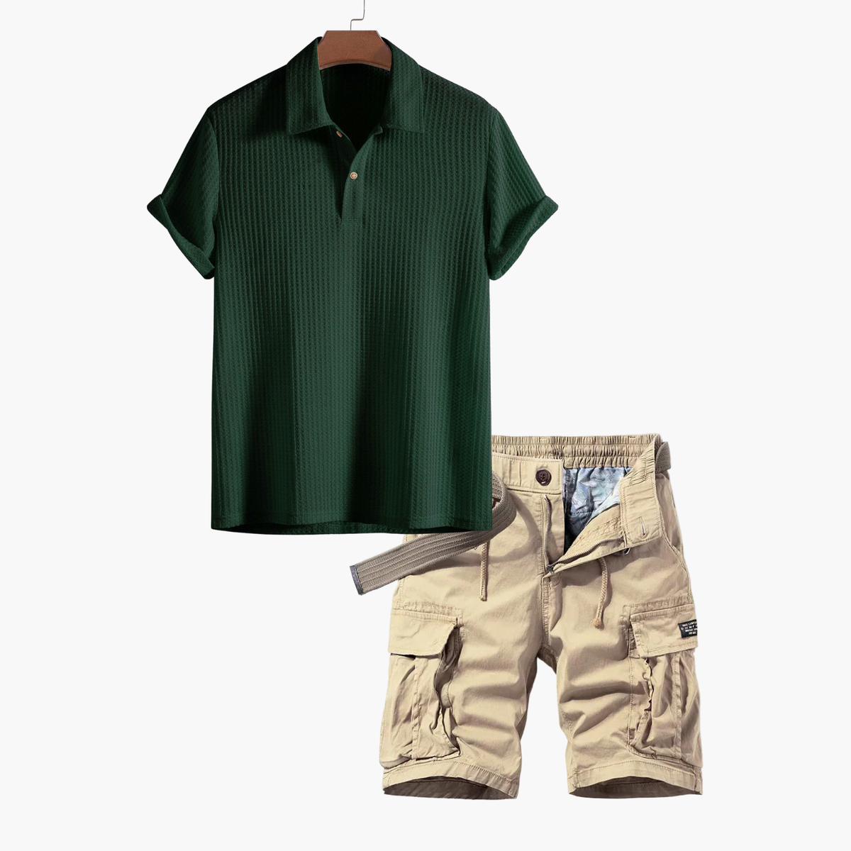 Ensemble homme polo texturé et cargo, coloris Vert fonce