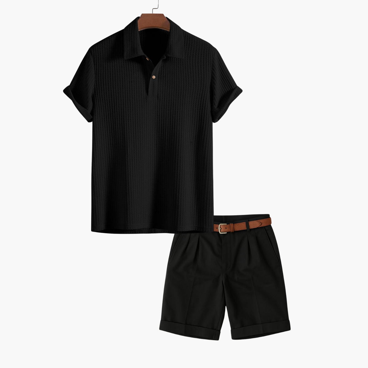 Ensemble homme texturé polo et short, coloris Noir
