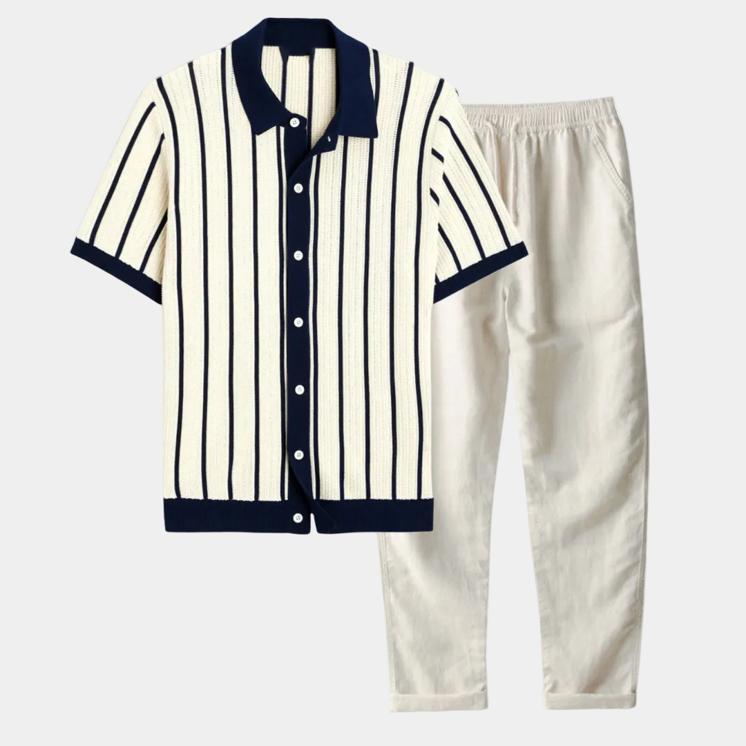 Ensemble homme rayé boutonné, coloris Bleu marine, vue principale