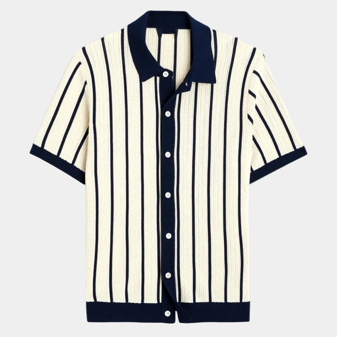Ensemble homme rayé boutonné, coloris Bleu marine, vue 2