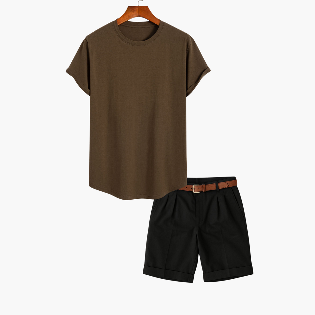 Ensemble homme t-shirt col rond et short, coloris Marron