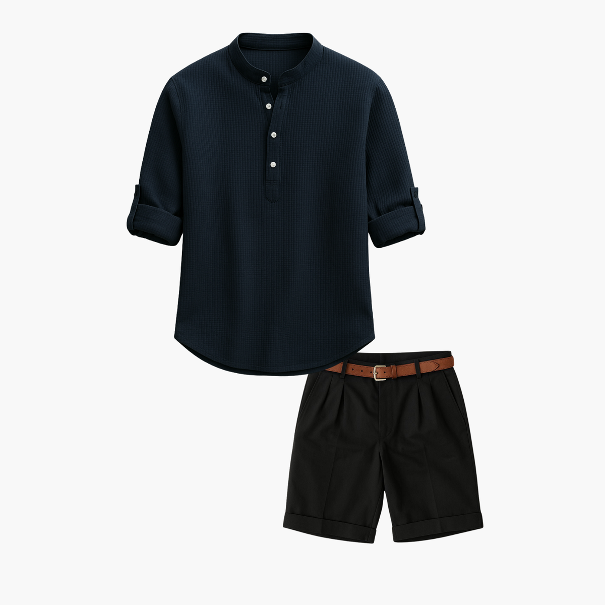 Ensemble homme tunique col mao et short, coloris Bleu marine