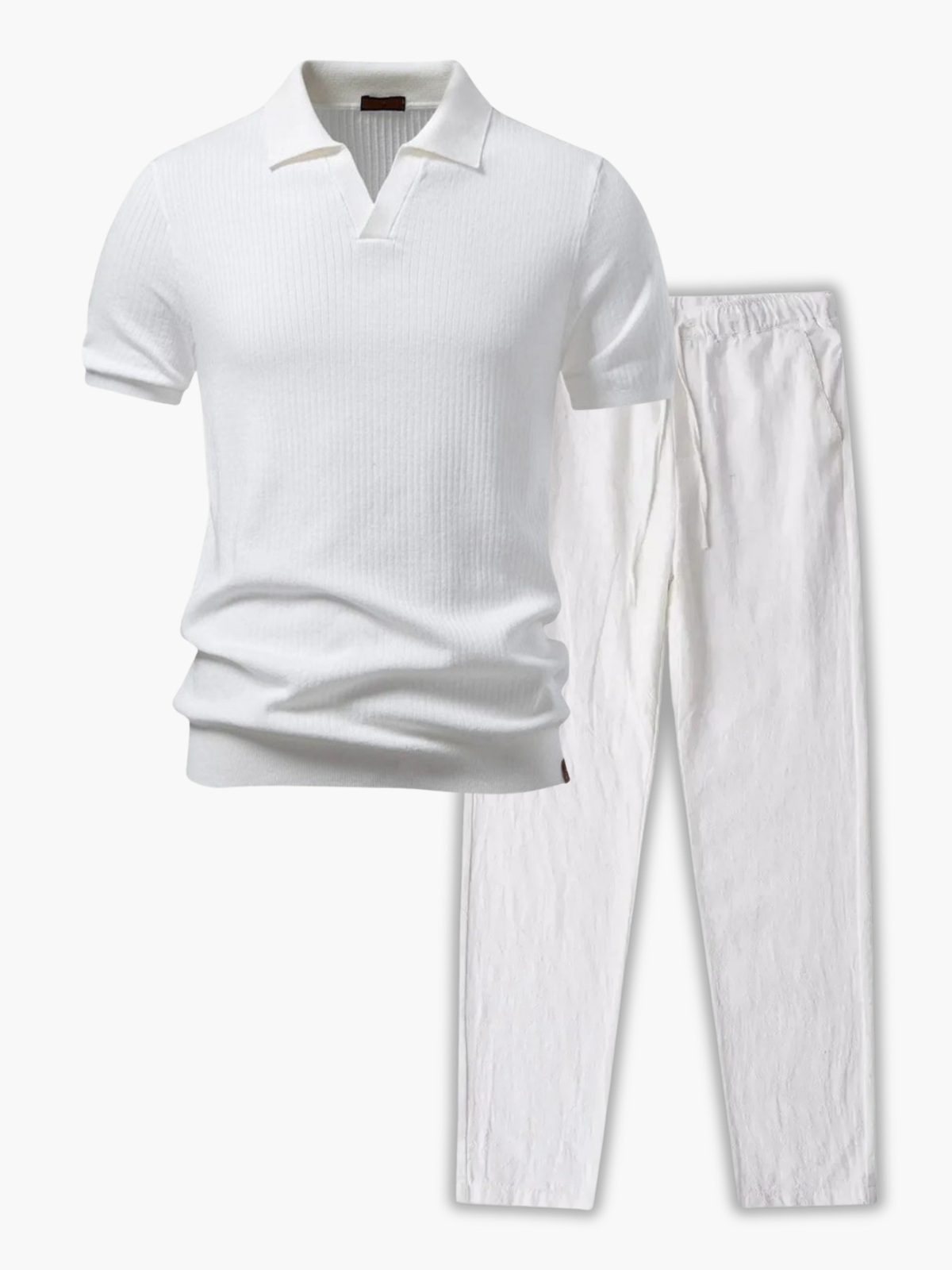 Ensemble Polo à Côtes et Pantalon à Cordon, coloris Blanc
