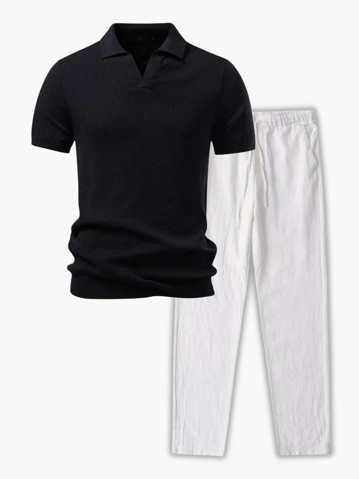 Ensemble Polo à Côtes et Pantalon à Cordon, coloris Noir