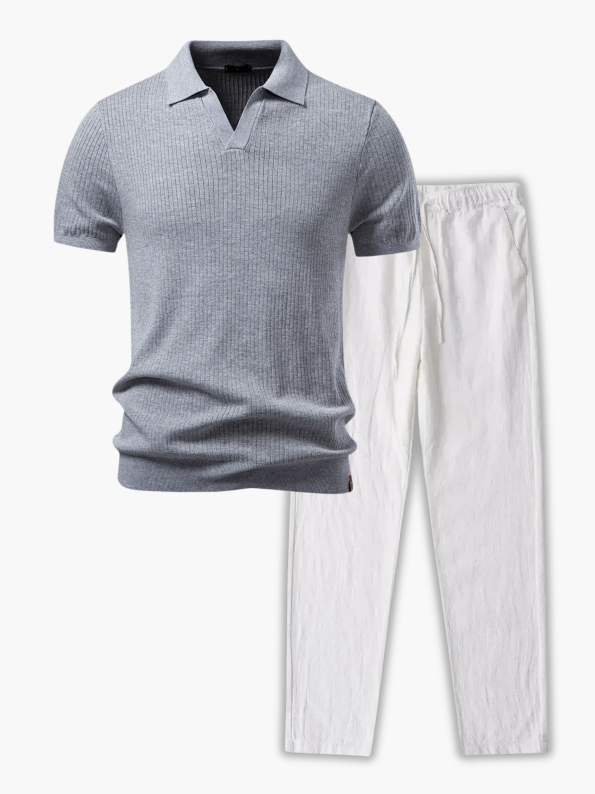 Ensemble Polo à Côtes et Pantalon à Cordon, coloris Gris