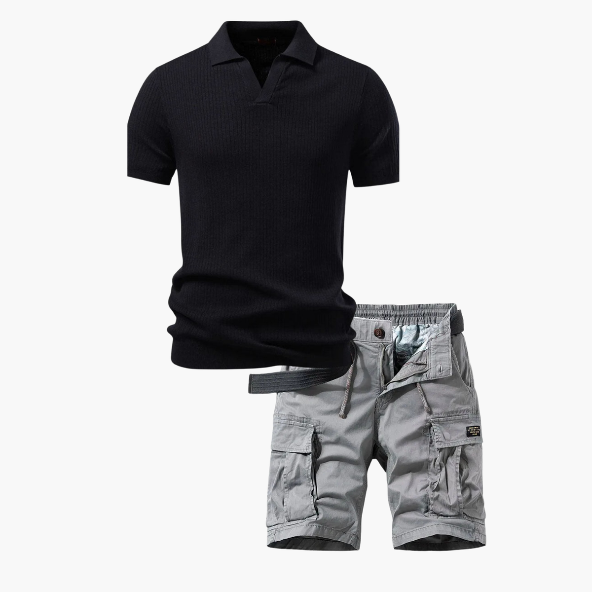 Ensemble Polo Ridé et Shorts Cargo pour Hommes, coloris Noir