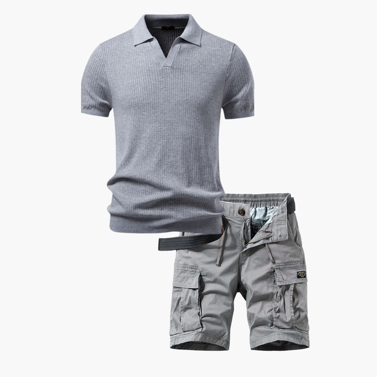 Ensemble Polo Ridé et Shorts Cargo pour Hommes, coloris Gris