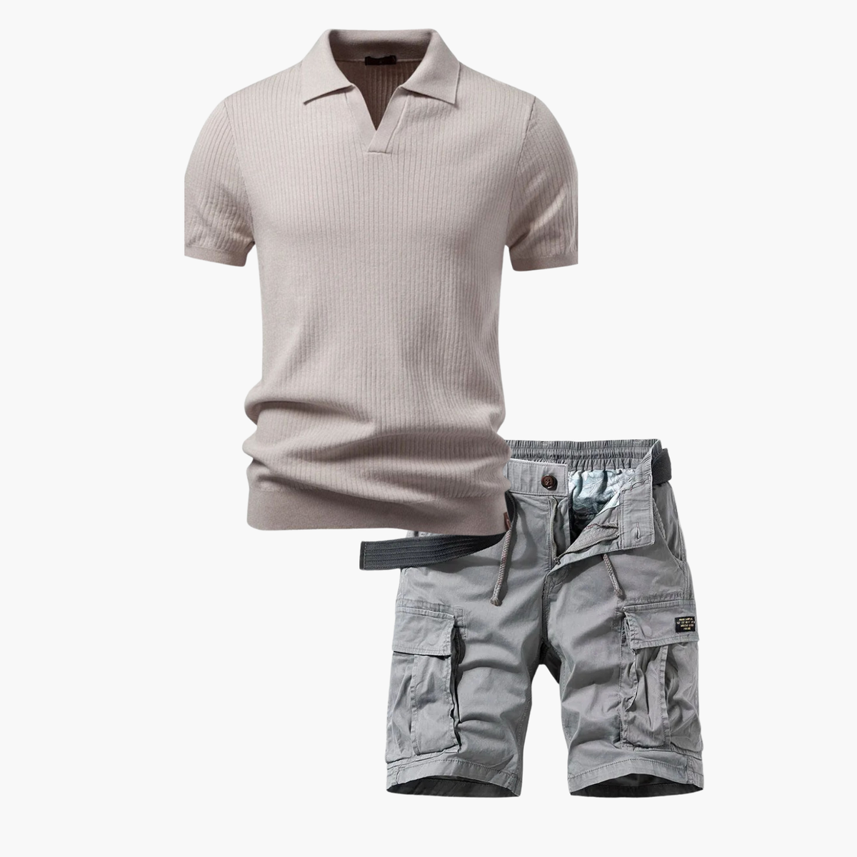 Ensemble Polo Ridé et Shorts Cargo pour Hommes, coloris Kaki
