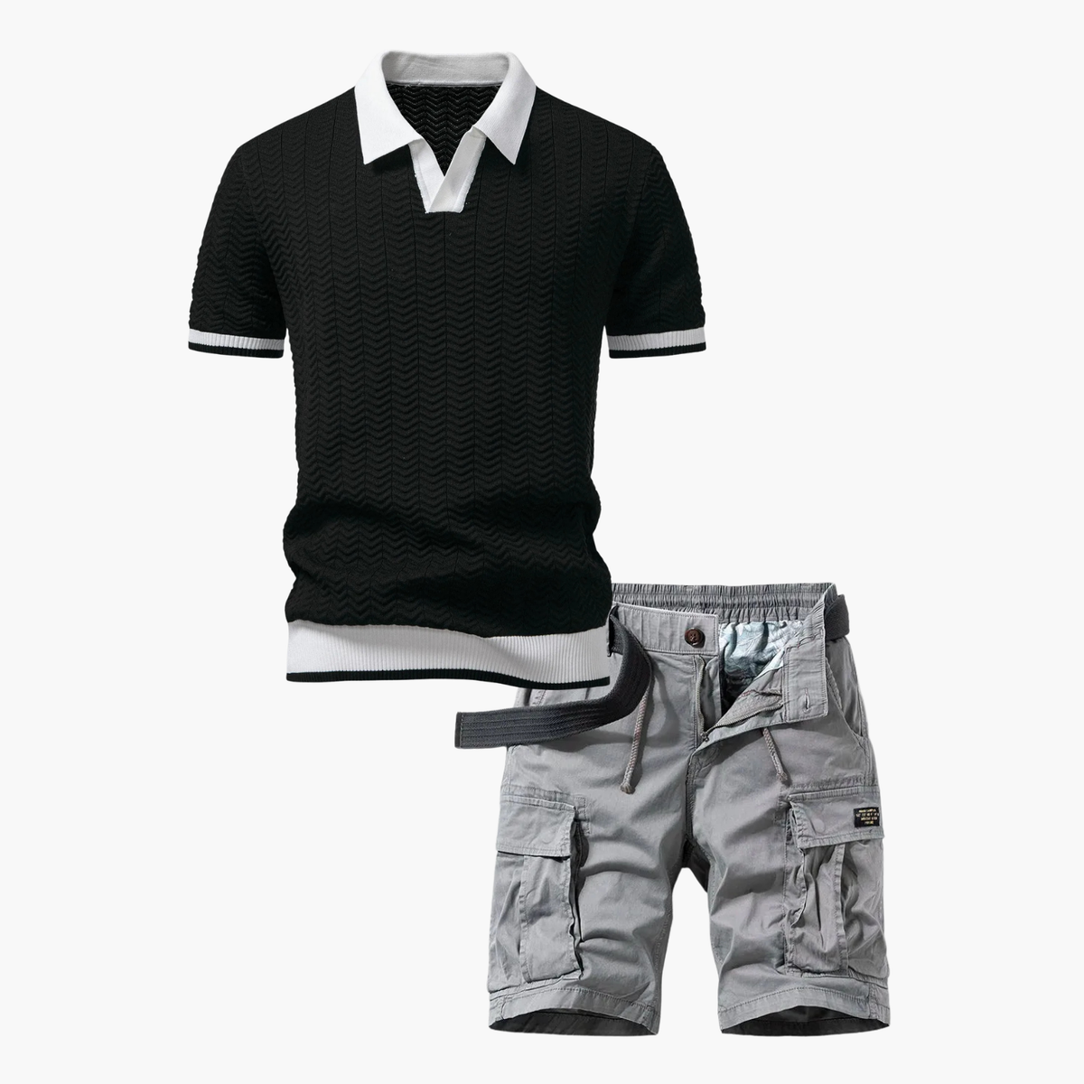 Ensemble polo texturé et short cargo homme, coloris Noir