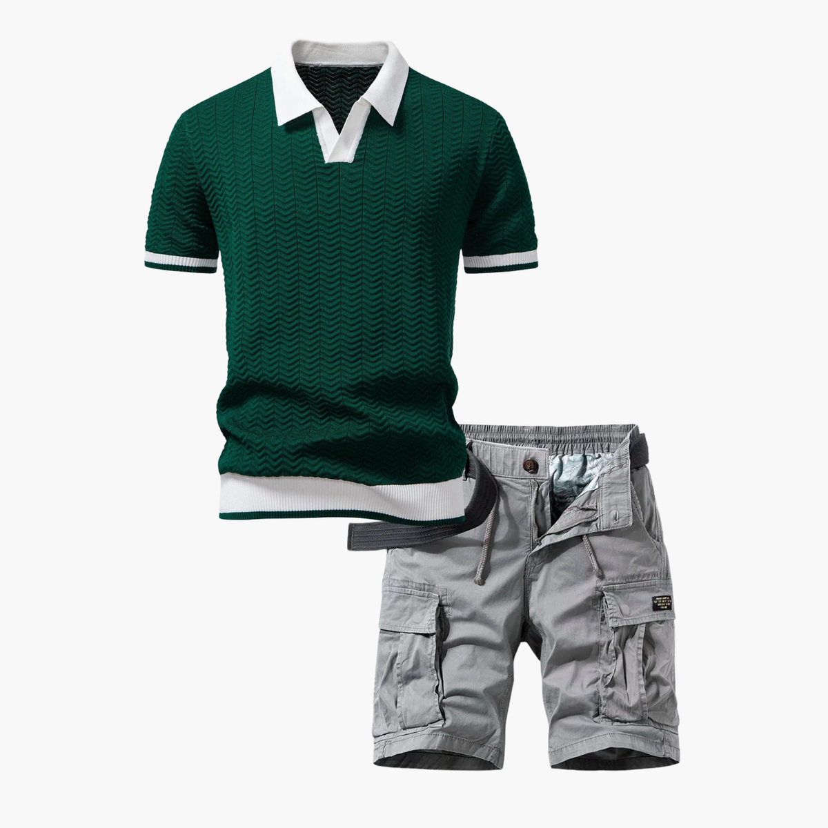 Ensemble polo texturé et short cargo homme, coloris Vert