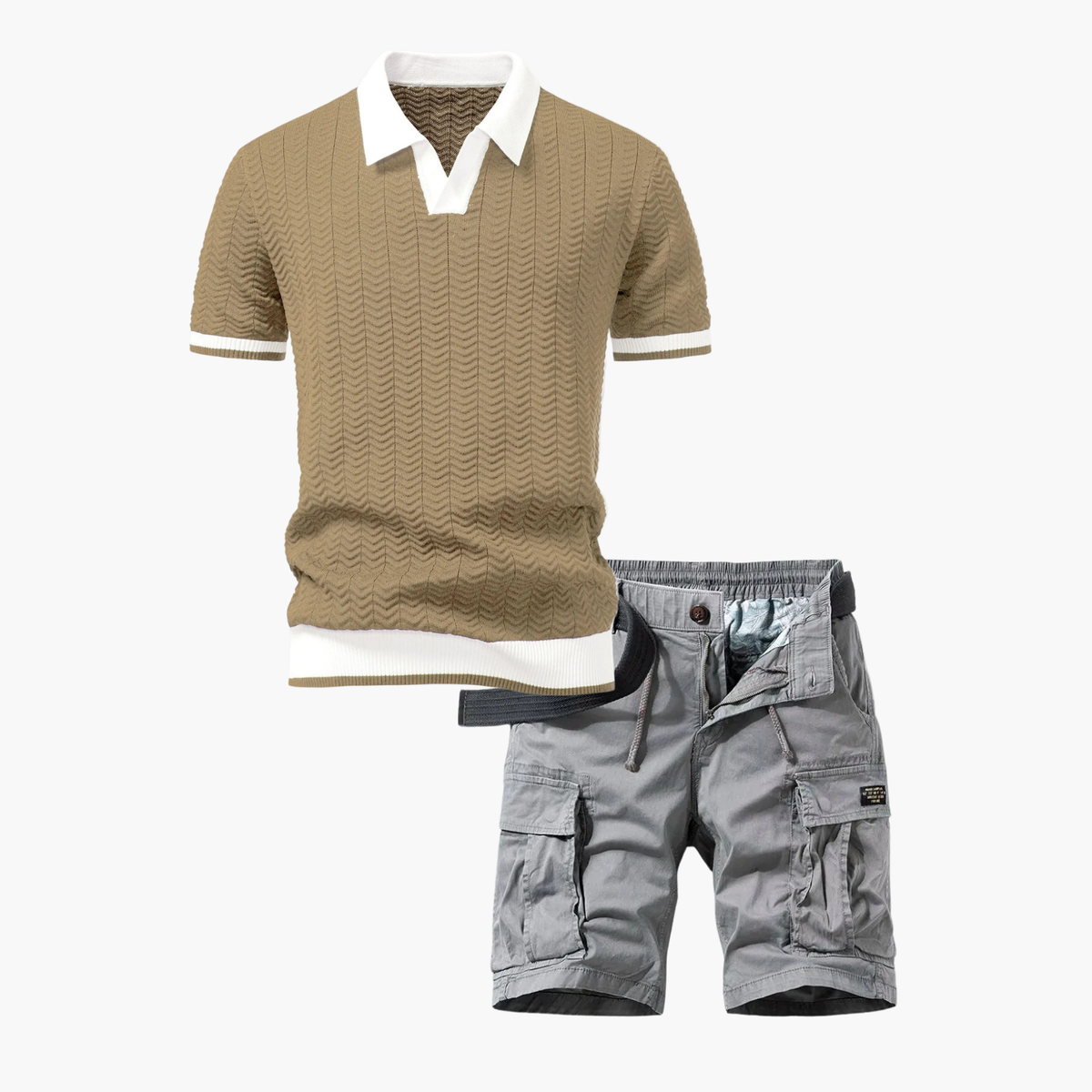 Ensemble polo texturé et short cargo homme, coloris Kaki