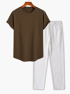 Ensemble T-shirt à col rond et pantalon, coloris Marron