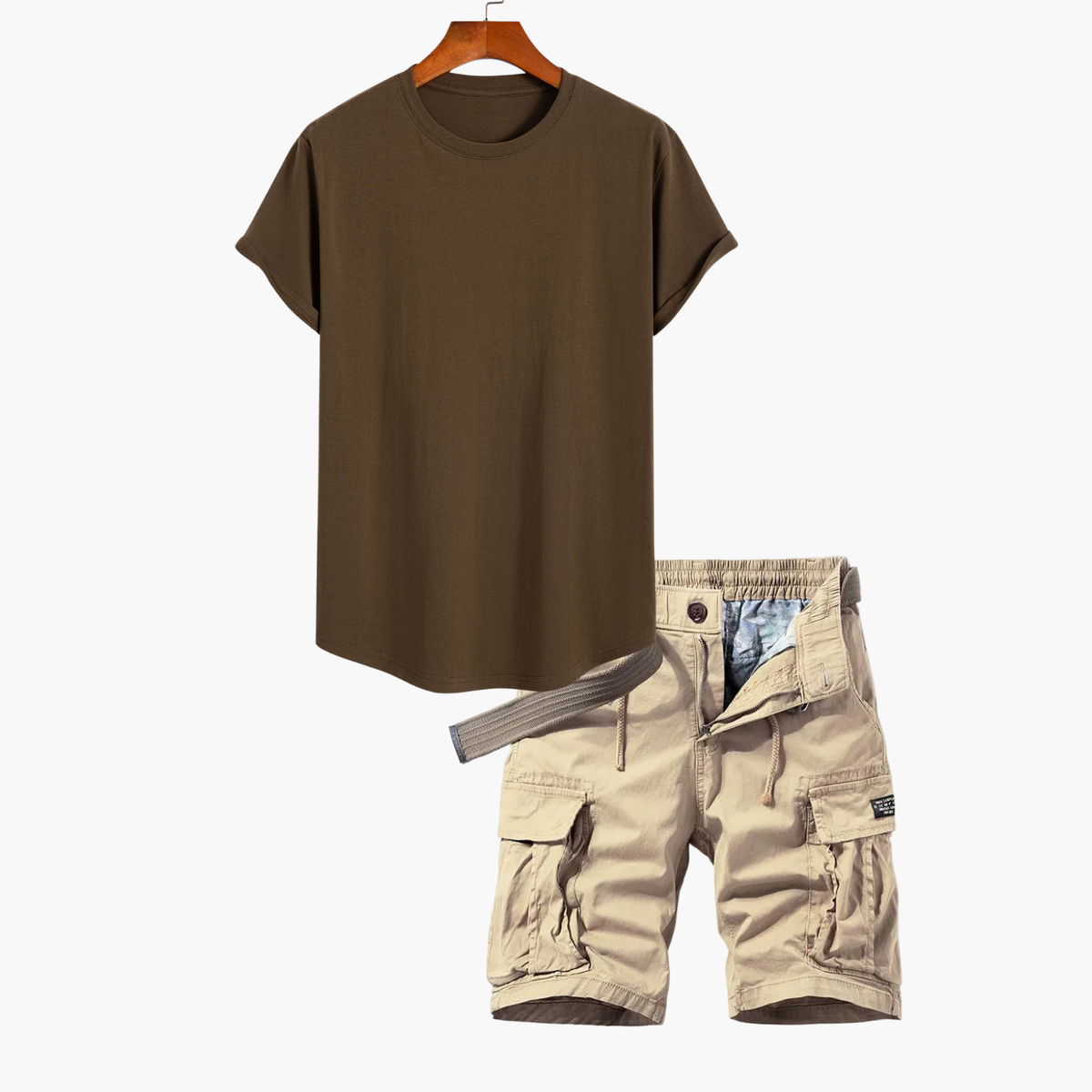 Ensemble T-shirt et shorts cargo pour hommes, coloris Marron