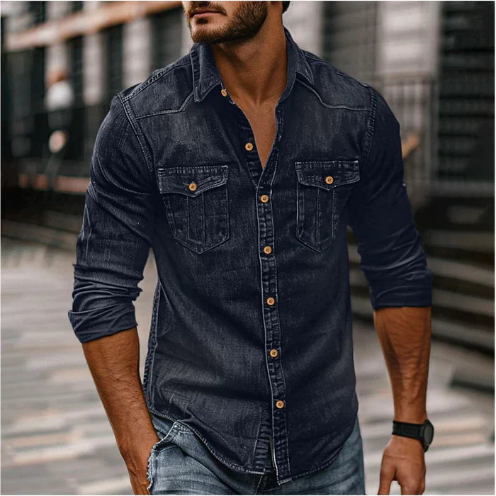 Chemise en Denim Homme Slim, coloris Bleu foncé