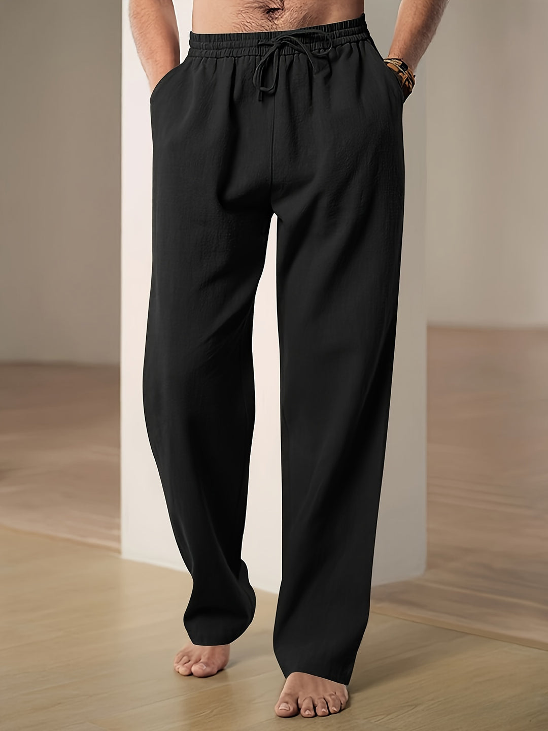 Pantalon détente homme en lin, coloris Noir