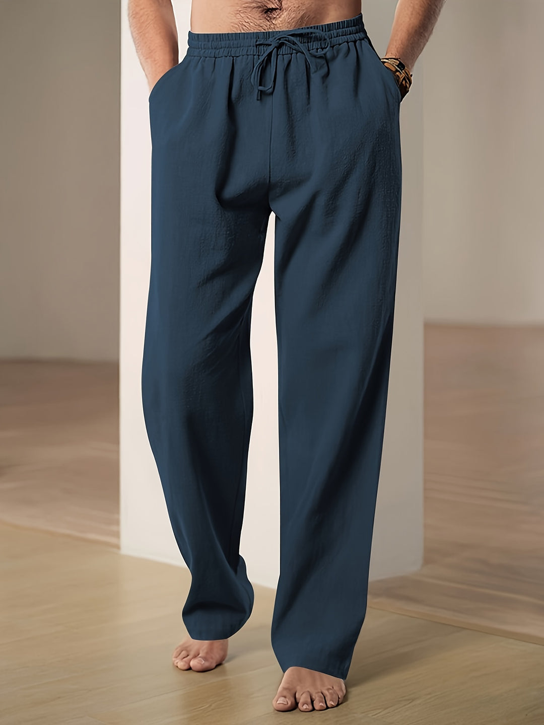 Pantalon détente homme en lin, coloris Bleu marine