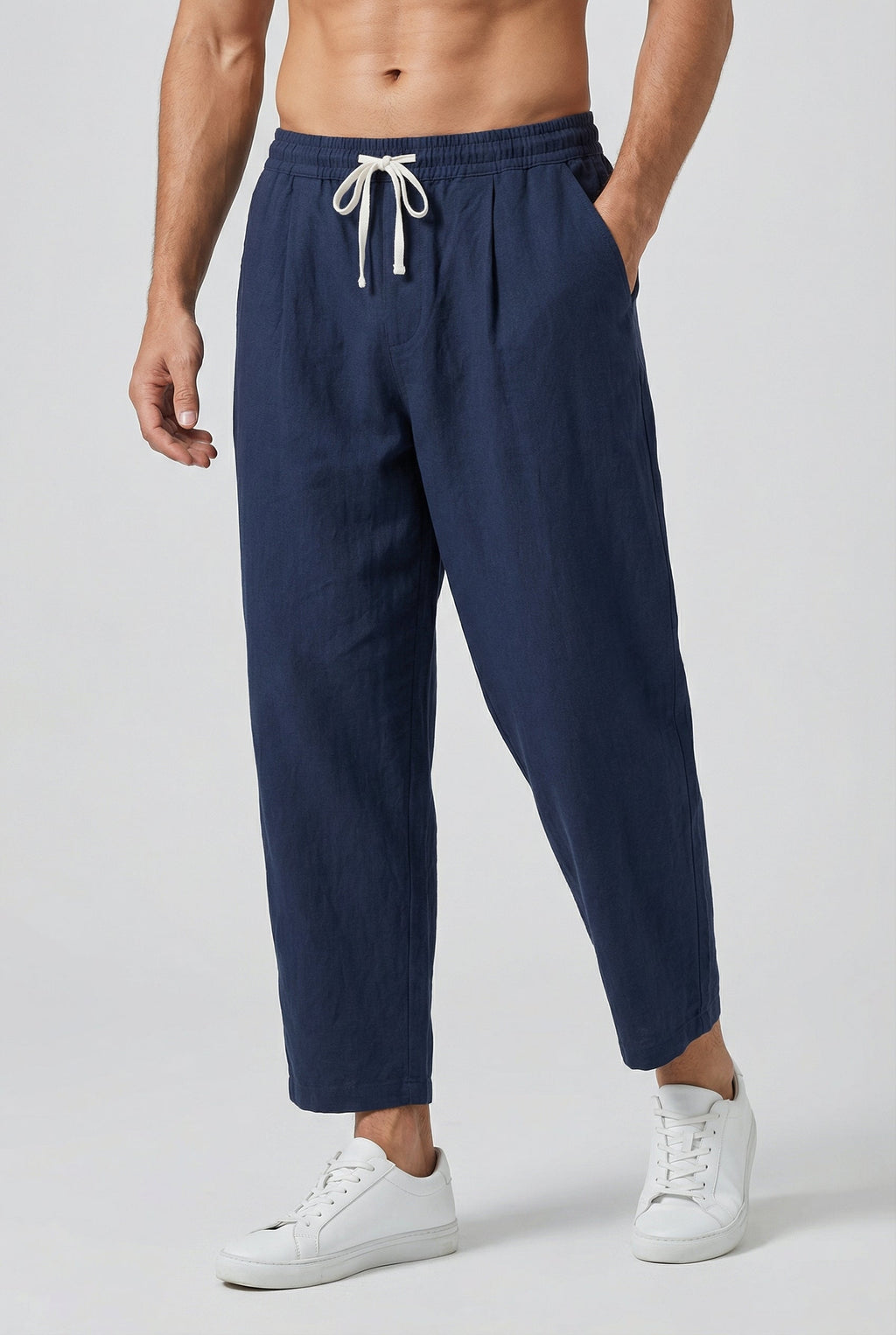 Pantalon Homme Coton-Lin, coloris Bleu marine