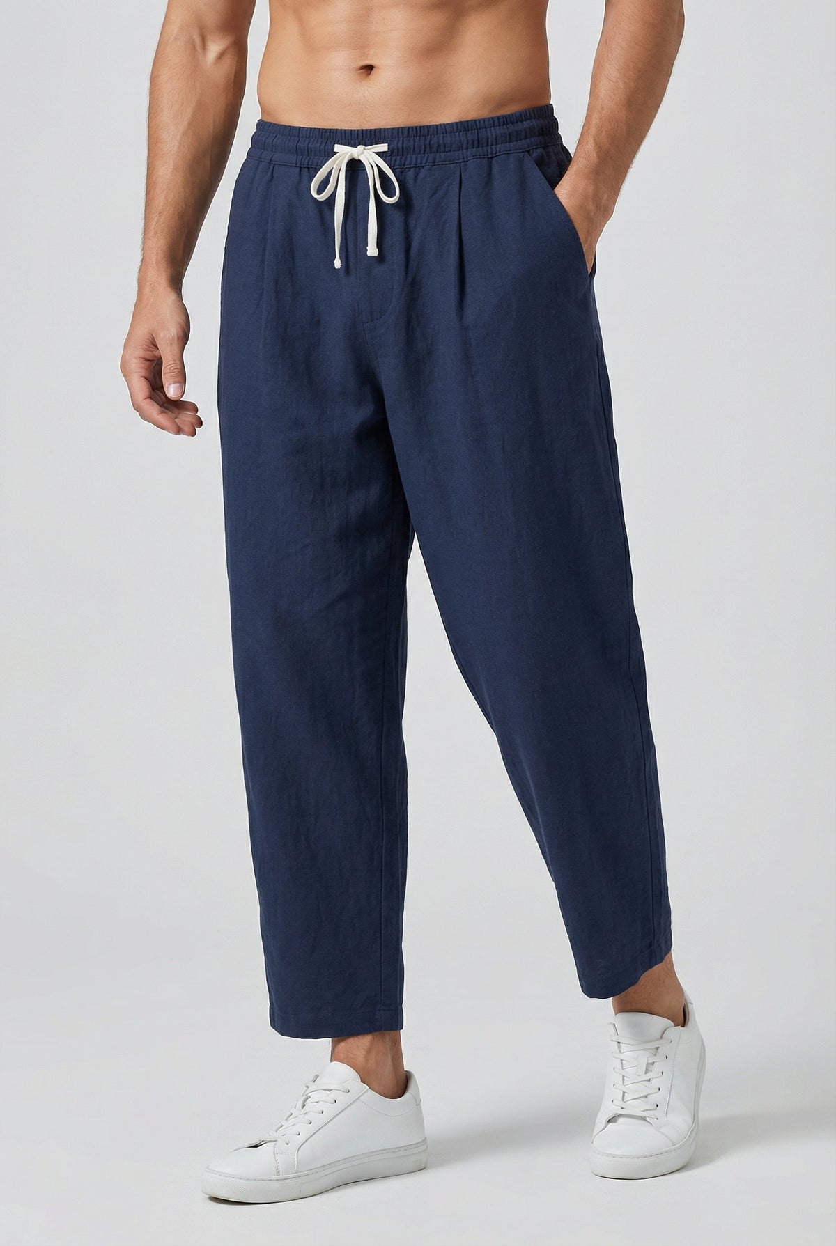 Pantalon Homme Coton-Lin, coloris Bleu marine