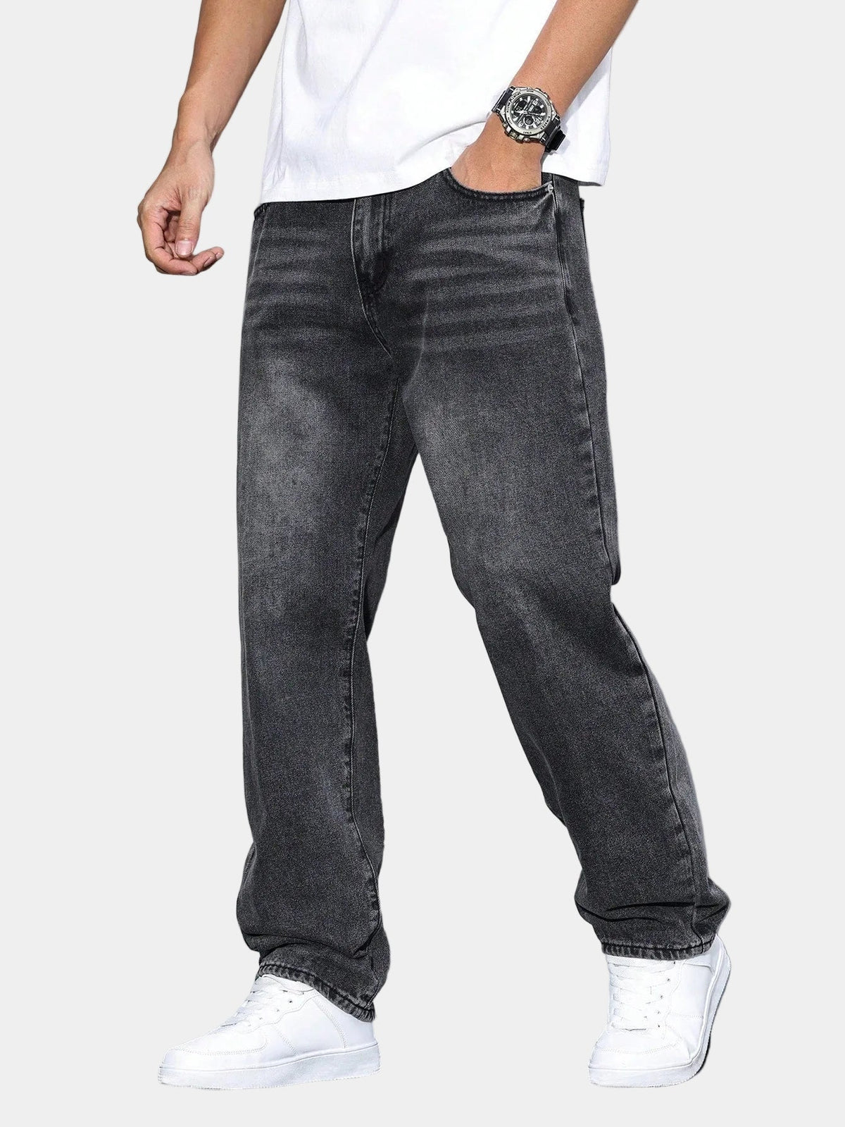 Jean homme coupe droite délavé, coloris Noir
