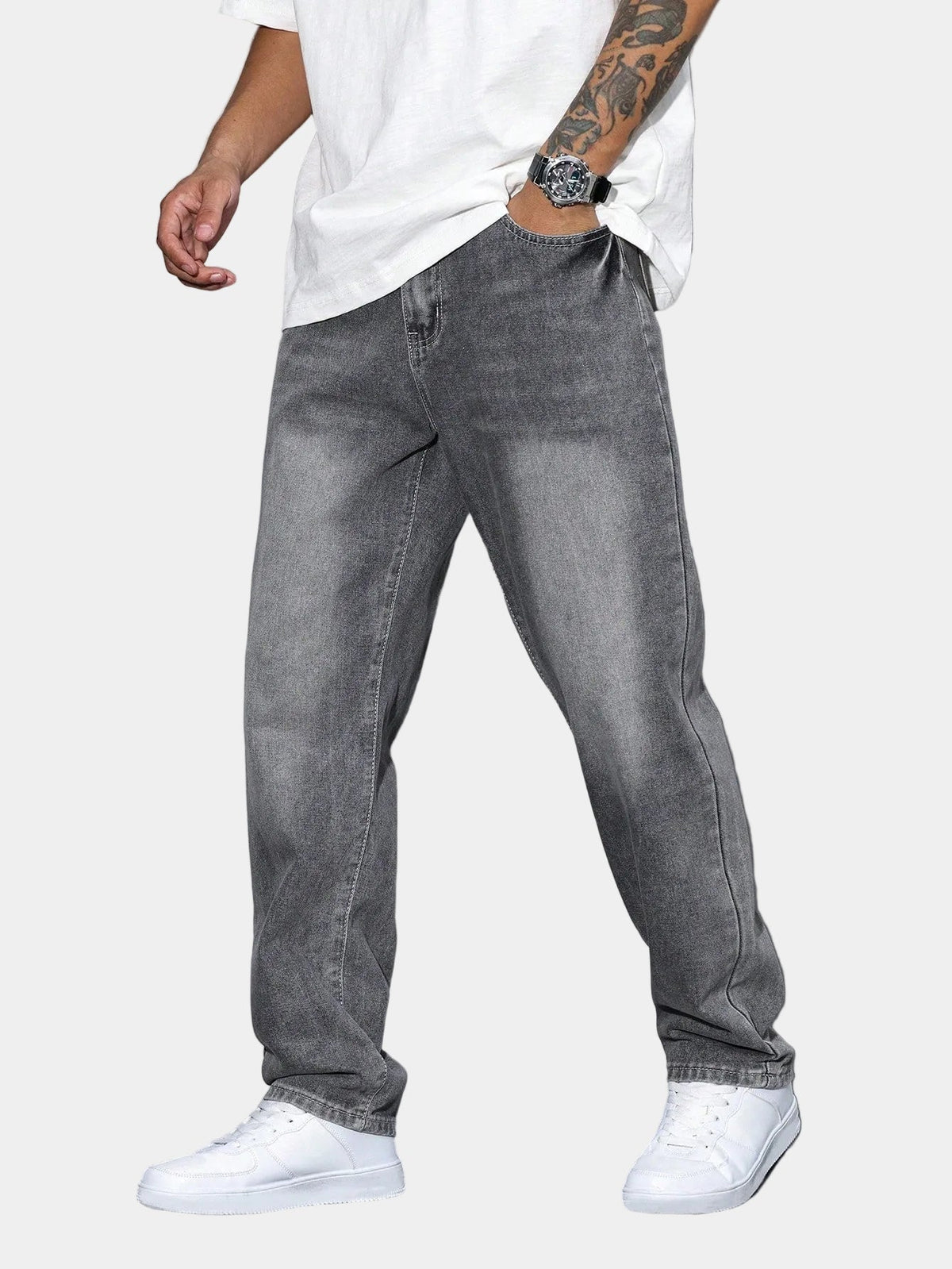 Jean homme coupe droite délavé, coloris Gris