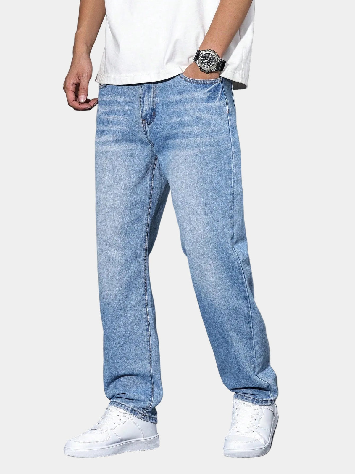 Jean homme coupe droite délavé, coloris Bleu