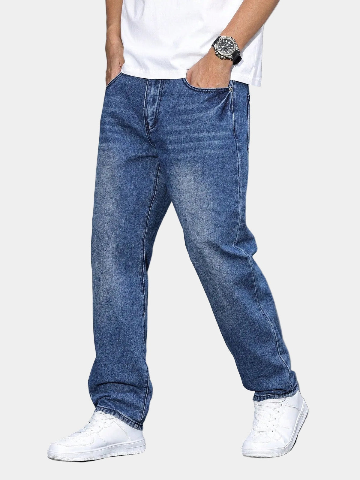 Jean homme coupe droite délavé, coloris Bleu marine