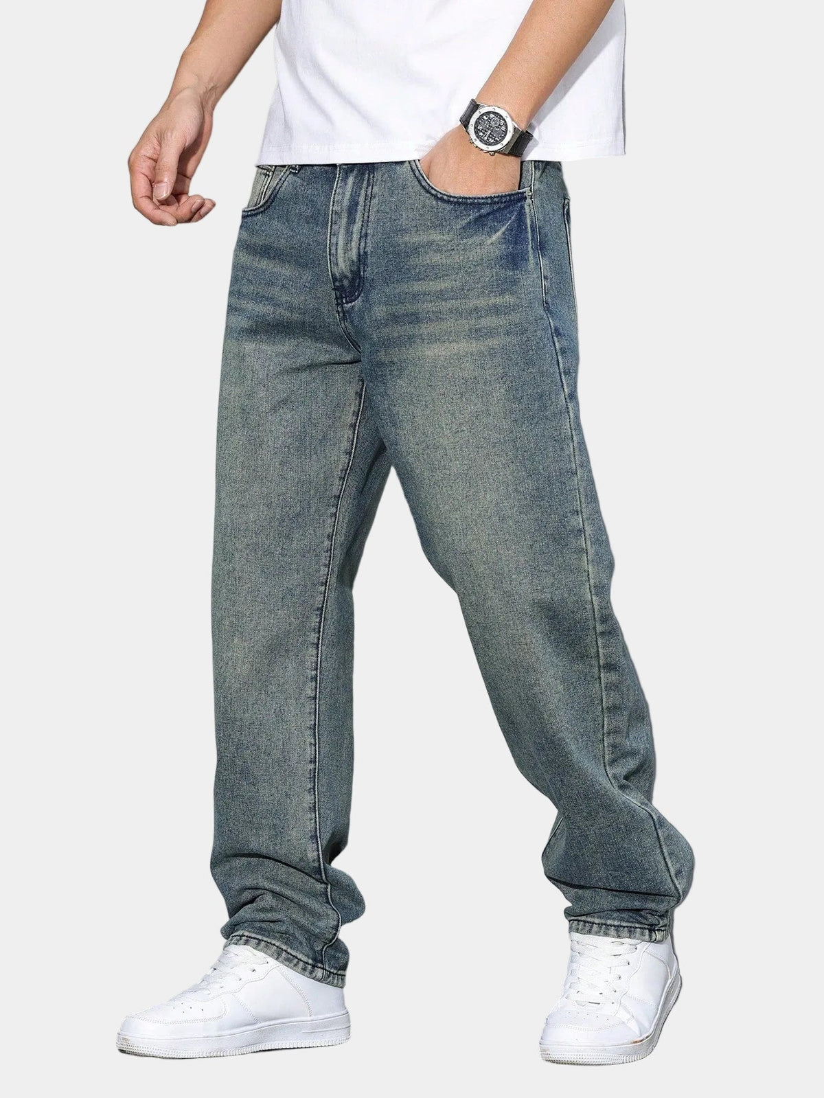 Jean homme coupe droite délavé, coloris Gris clair