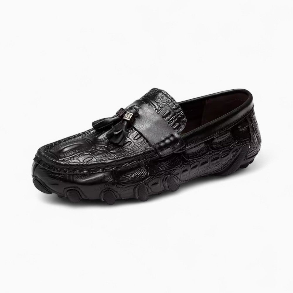 Mocassins En Cuir Vernis Noir Effet Peau De Crocodile, vue principale