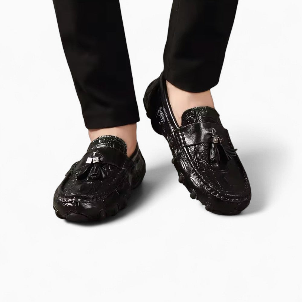 Mocassins En Cuir Vernis Noir Effet Peau De Crocodile, vue 2