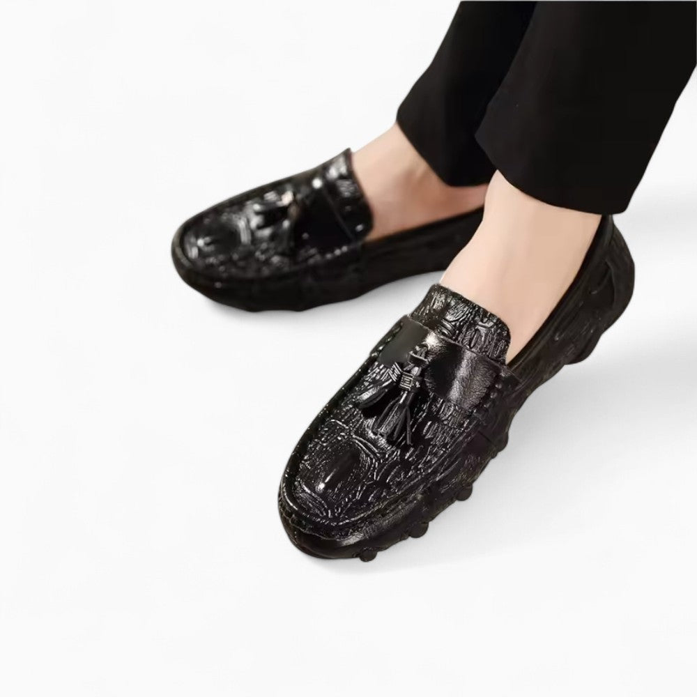Mocassins En Cuir Vernis Noir Effet Peau De Crocodile, vue 3