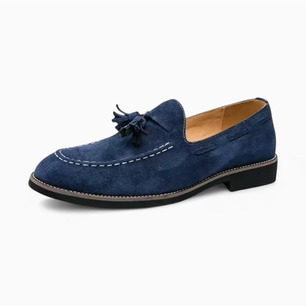 Mocassins à glands effet daim en cuir synthétique PU, coloris Bleu Marine, vue principale