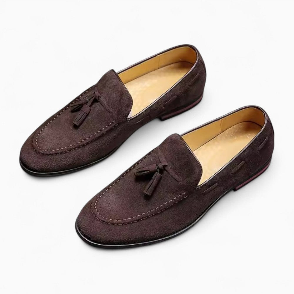 Mocassins à glands en faux daim à surpiqûres blanches, coloris Marron, vue 2