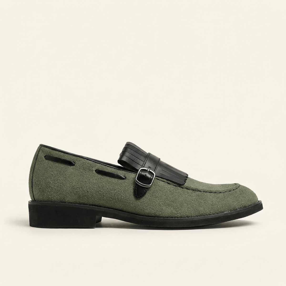 Mocassin à Franges et Boucle Décorative en Cuir Velours, coloris Vert