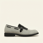 Mocassin à Franges et Boucle Décorative en Cuir Velours, coloris Beige