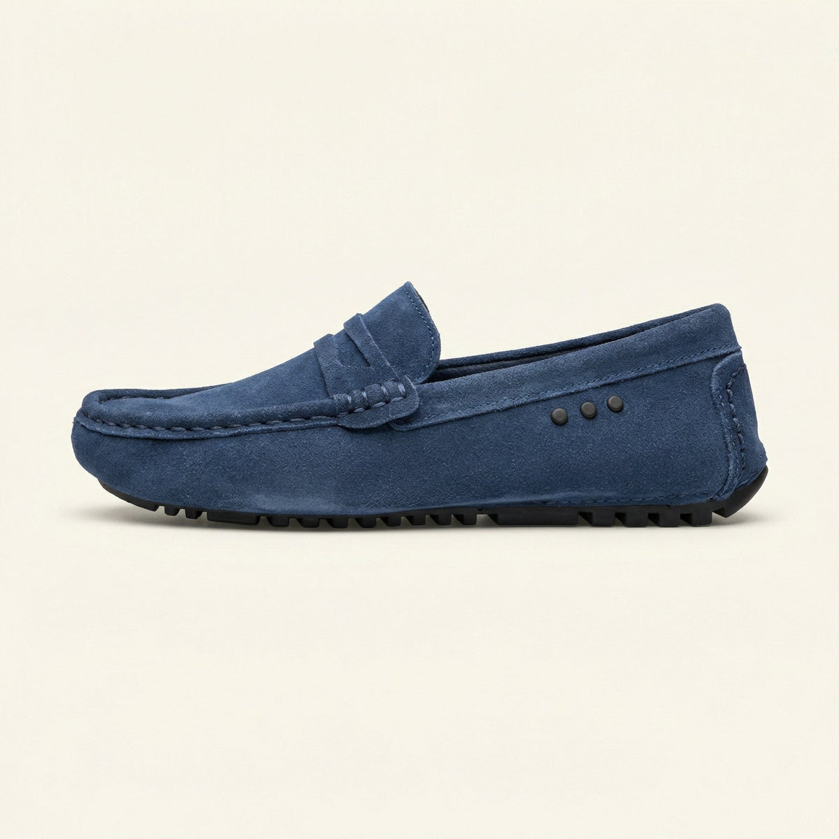 Mocassin à Picots avec Bande en Cuir Suédé, coloris Bleu