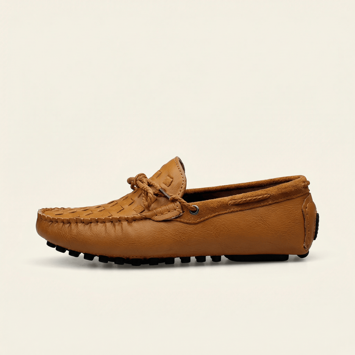 Mocassin à Picots Tressé en Cuir avec Lacets Décoratifs, coloris Camel