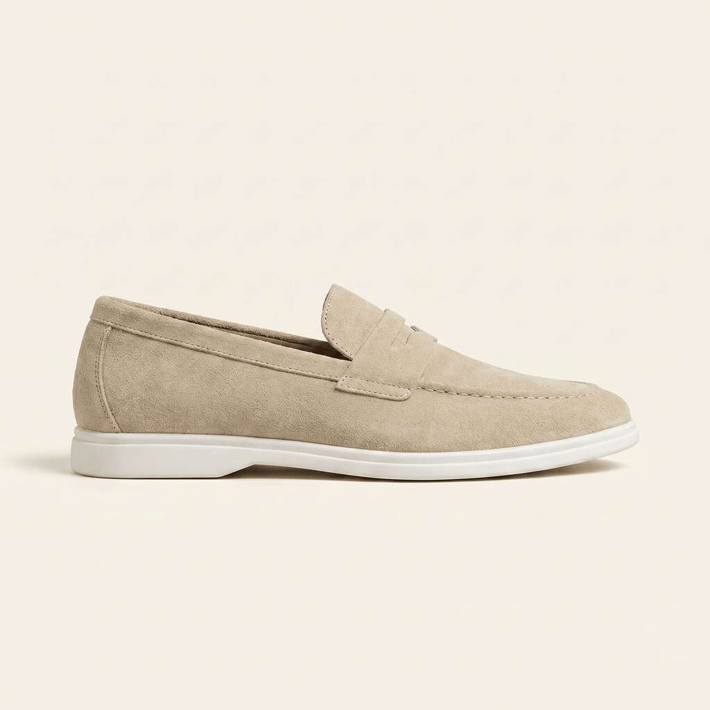 Mocassin Homme Penny Loafer en Daim à Semelle Contrastée, coloris Ivoire