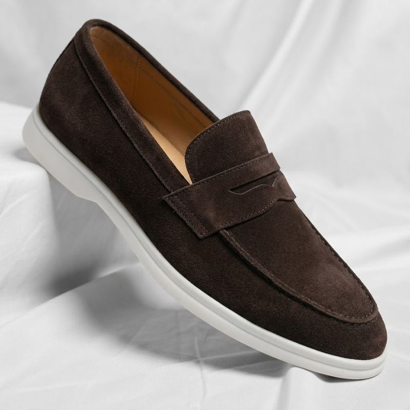 Mocassin penny homme coloris marron foncé avec semelle blanche