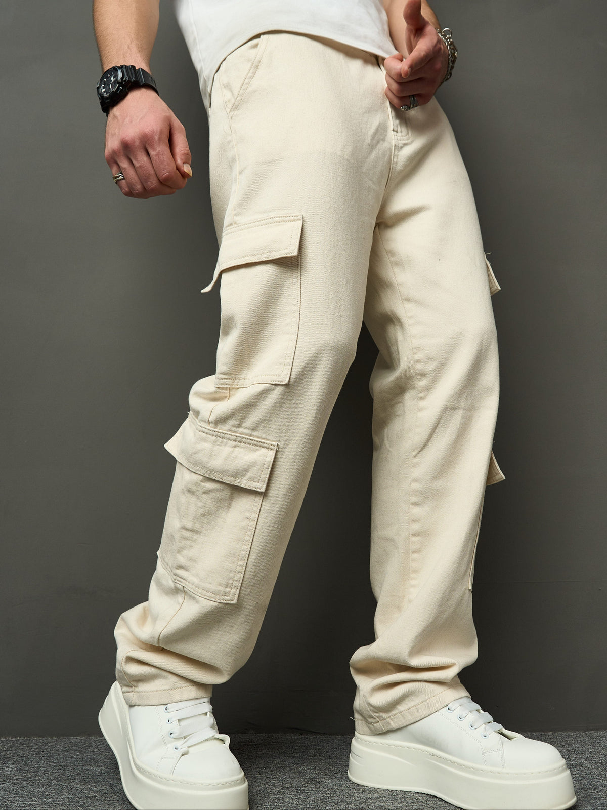 Pantalon cargo homme, coloris Crème, vue 2