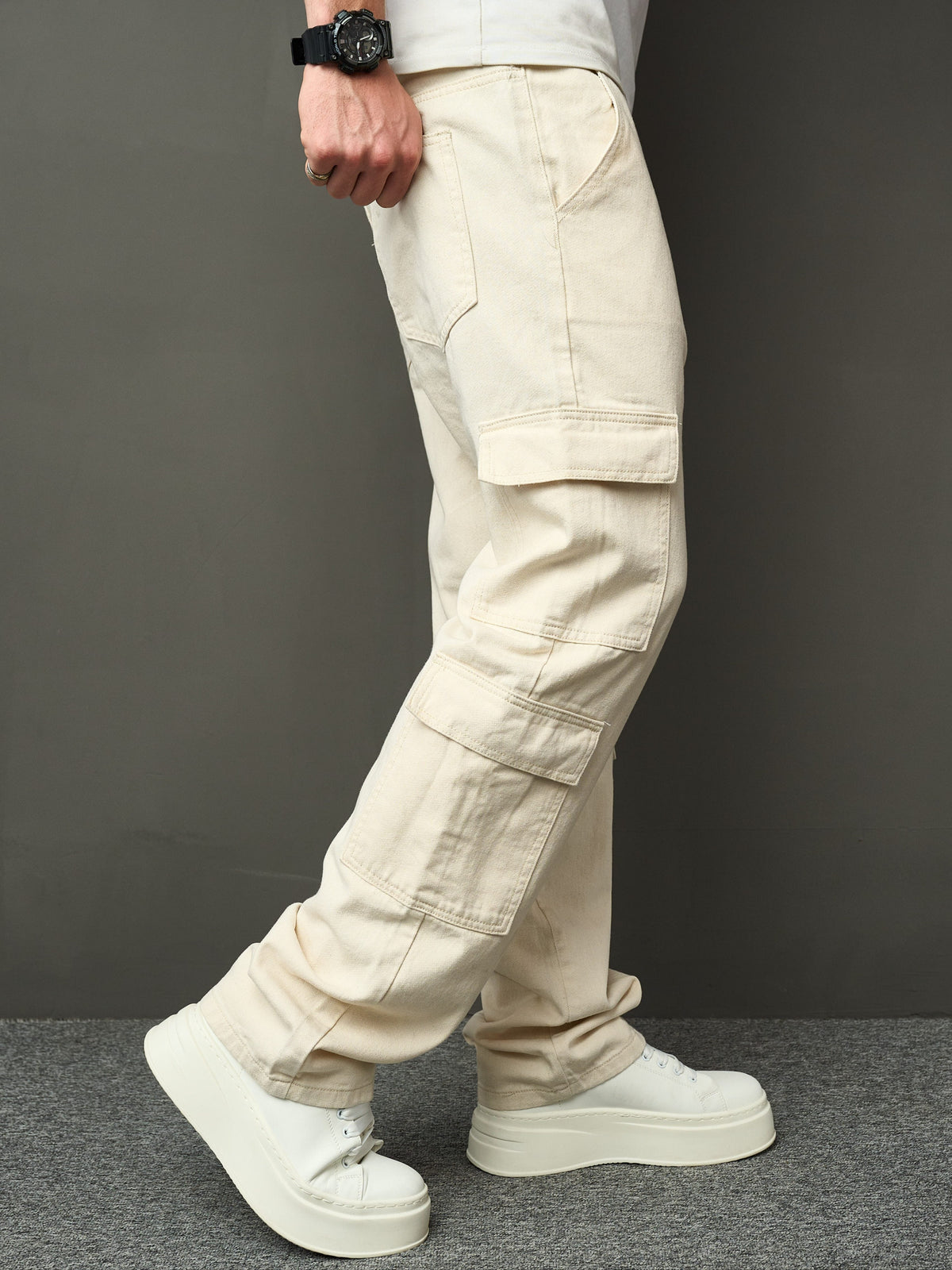 Pantalon cargo homme, coloris Crème, vue 3